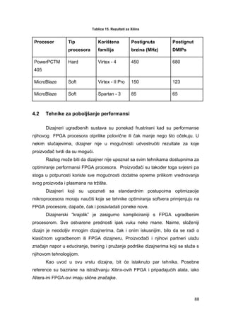 88
Tablica 15. Rezultati za Xilinx
Procesor Tip
procesora
Korištena
familija
Postignuta
brzina (MHz)
Postignut
DMIPs
PowerPCTM
405
Hard Virtex - 4 450 680
MicroBlaze Soft Virtex - II Pro 150 123
MicroBlaze Soft Spartan - 3 85 65
4.2 Tehnike za poboljšanje performansi
Dizajneri ugradbenih sustava su ponekad frustrirani kad su performanse
njihovog FPGA procesora otprilike polovične ili čak manje nego što očekuju. U
nekim slučajevima, dizajner nije u mogućnosti udvostručiti rezultate za koje
proizvođač tvrdi da su mogući.
Razlog može biti da dizajner nije upoznat sa svim tehnikama dostupnima za
optimiranje performansi FPGA procesora. Proizvođači su također toga svjesni pa
stoga u potpunosti koriste sve mogućnosti dodatne opreme prilikom vrednovanja
svog proizvoda i plasmana na tržište.
Dizajneri koji su upoznati sa standardnim postupcima optimizacije
mikroprocesora moraju naučiti koje se tehnike optimiranja softvera primjenjuju na
FPGA procesore, dapače, čak i posavladati poneke nove.
Dizajnerski “krajolik” je zasigurno kompliciraniji s FPGA ugradbenim
procesorom. Sve ostvarene prednosti ipak vuku neke mane. Naime, složeniji
dizajn je neodoljiv mnogim dizajnerima, čak i onim iskusnijim, bilo da se radi o
klasičnom ugradbenom ili FPGA dizajneru. Proizvođači i njihovi partneri ulažu
značajn napor u educiranje, trening i pružanje podrške dizajnerima koji se služe s
njihovom tehnologijom.
Kao uvod u ovu vrstu dizajna, bit će istaknuto par tehnika. Posebne
reference su bazirane na istraživanju Xilinx-ovih FPGA i pripadajućih alata, iako
Altera-ini FPGA-ovi imaju slične značajke.
 