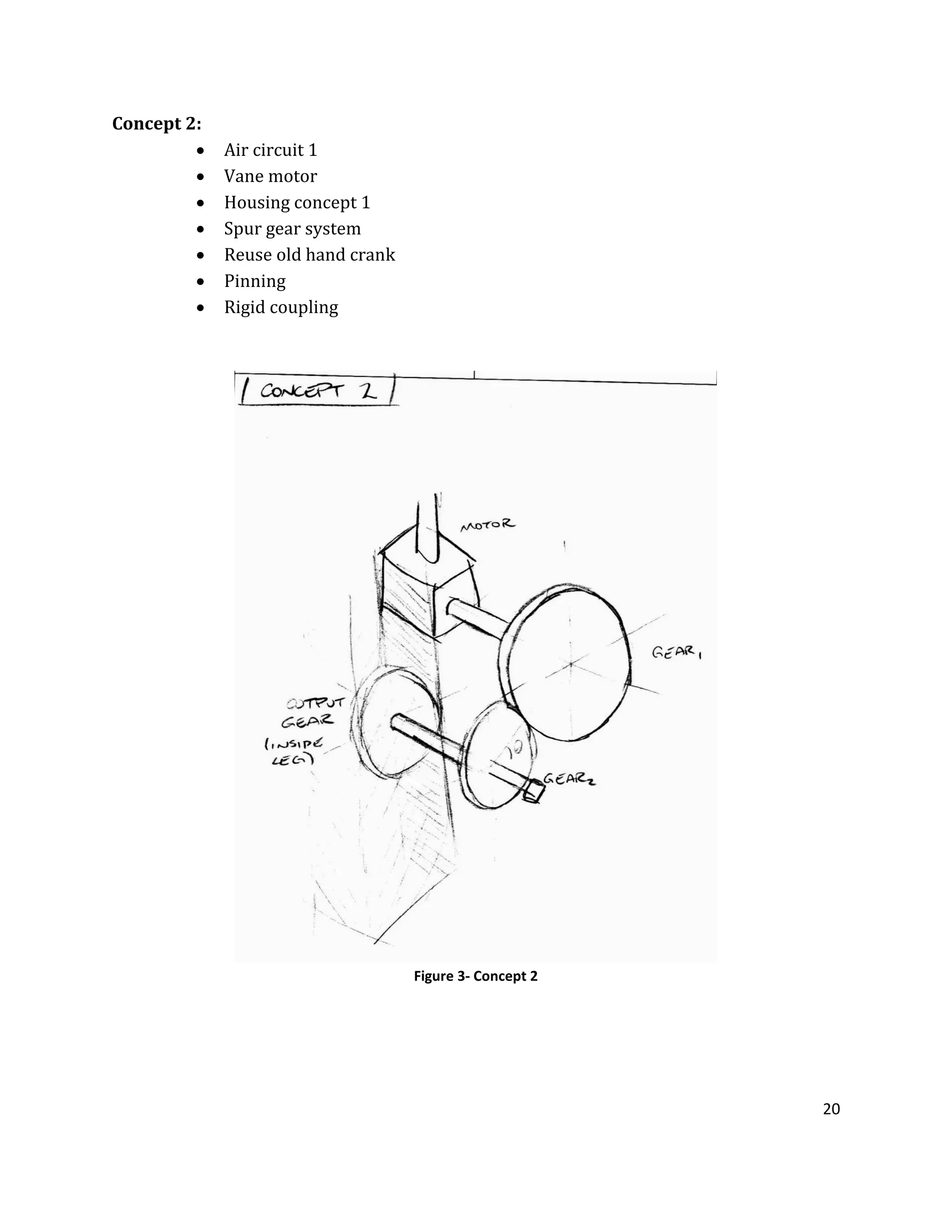 20
Concept 2:
 Air circuit 1
 Vane motor
 Housing concept 1
 Spur gear system
 Reuse old hand crank
 Pinning
 Rigid coupling
Figure 3- Concept 2
 