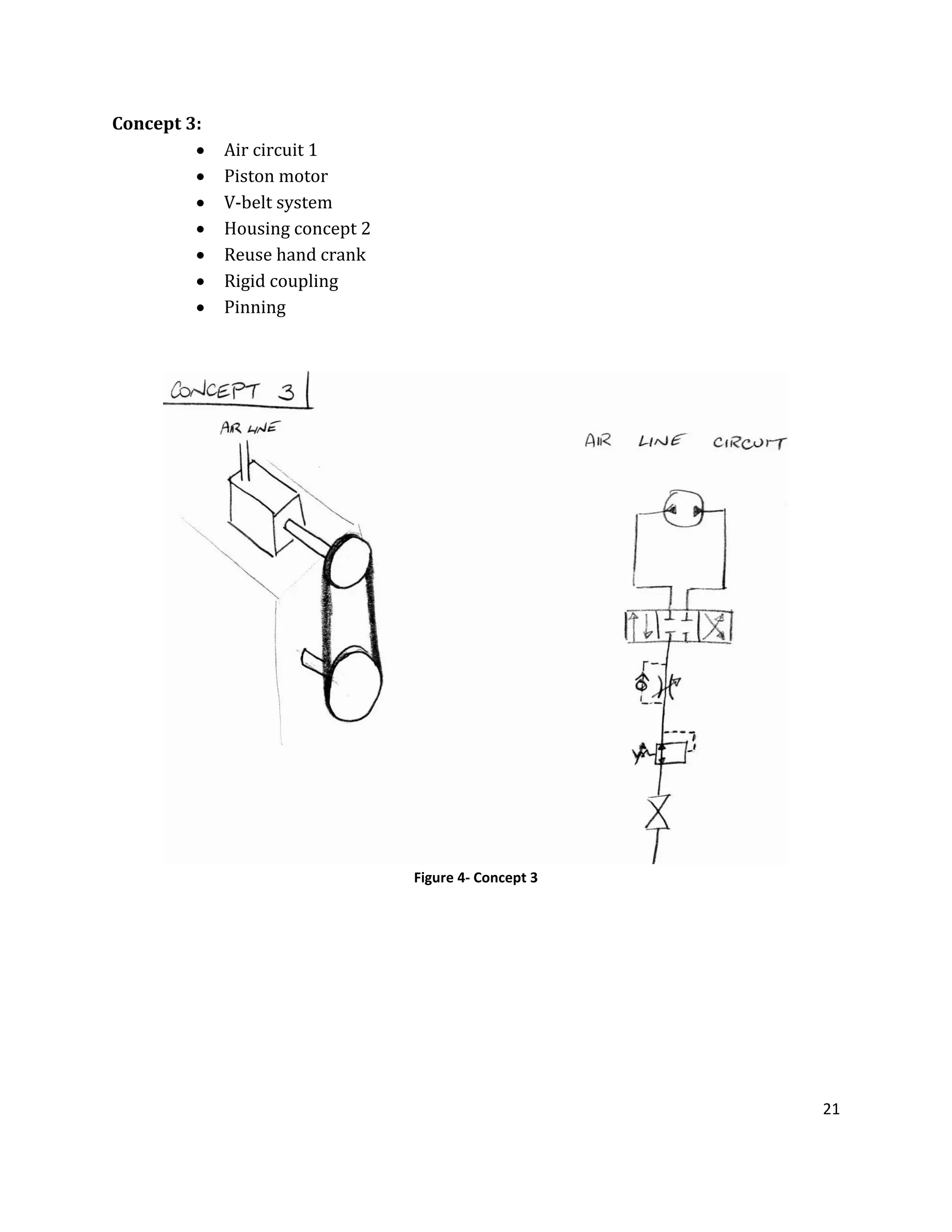 21
Concept 3:
 Air circuit 1
 Piston motor
 V-belt system
 Housing concept 2
 Reuse hand crank
 Rigid coupling
 Pinning
Figure 4- Concept 3
 