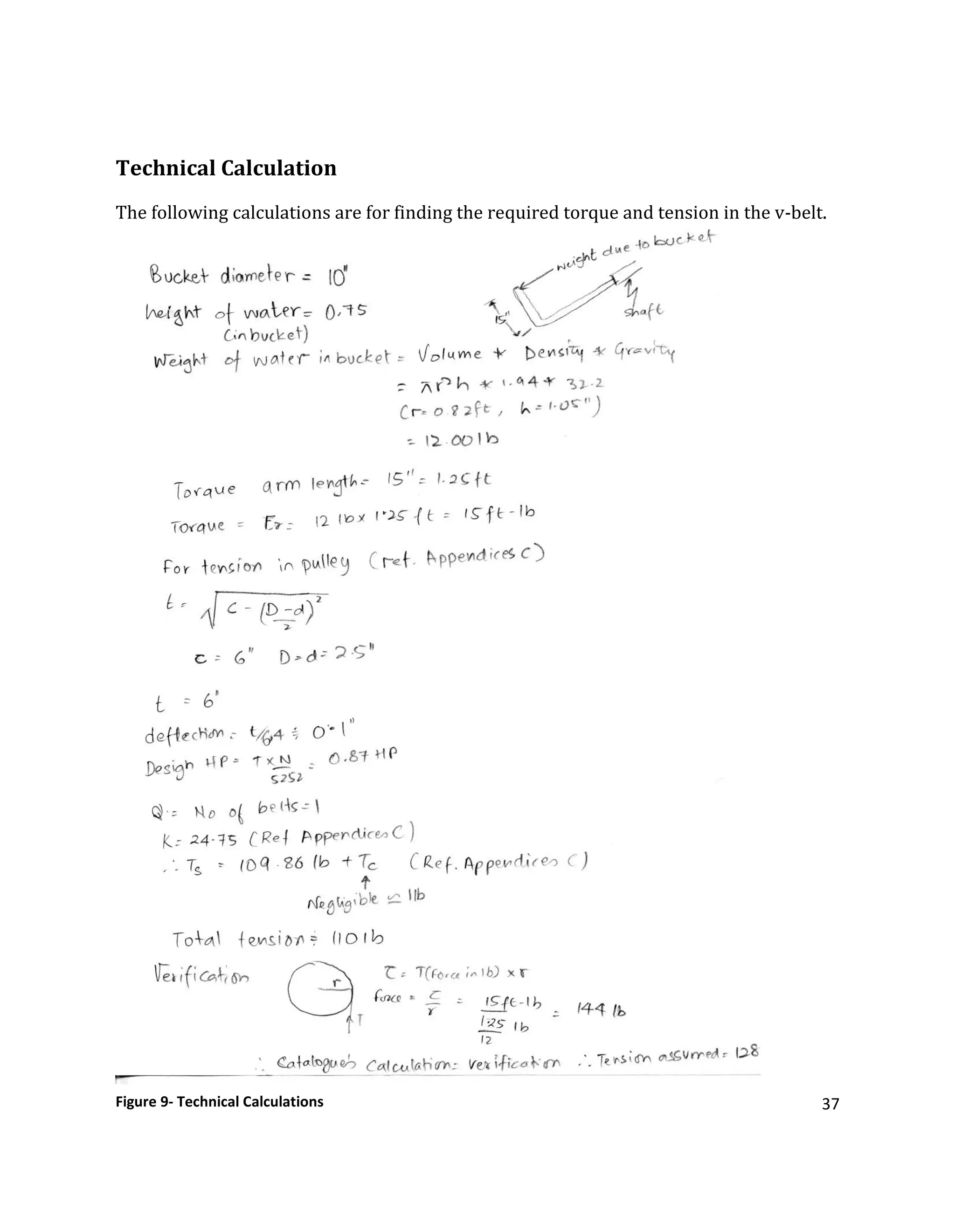 37
Technical Calculation
The following calculations are for finding the required torque and tension in the v-belt.
Figure 9- Technical Calculations
 