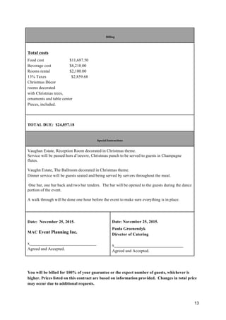 13
Billing
Total costs
Food cost $11,687.50
Beverage cost $8,210.00
Rooms rental $2,100.00
13% Taxes $2,859.68
Christmas Décor
rooms decorated
with Christmas trees,
ornaments and table center
Pieces, included.
TOTAL DUE: $24,857.18
Special Instructions
Vaughan Estate, Reception Room decorated in Christmas theme.
Service will be passed hors d’oeuvre, Christmas punch to be served to guests in Champagne
flutes.
Vaughn Estate, The Ballroom decorated in Christmas theme.
Dinner service will be guests seated and being served by servers throughout the meal.
One bar, one bar back and two bar tenders. The bar will be opened to the guests during the dance
portion of the event.
A walk through will be done one hour before the event to make sure everything is in place.
Date: November 25, 2015.
MAC Event Planning Inc.
x________________________________
Agreed and Accepted.
Date: November 25, 2015.
Paula Groenendyk
Director of Catering
x_________________________________
Agreed and Accepted.
You will be billed for 100% of your guarantee or the expect number of guests, whichever is
higher. Prices listed on this contract are based on information provided. Changes in total price
may occur due to additional requests.
 