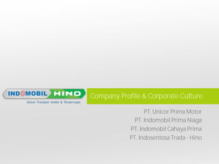 Company Profile & Corporate Culture
PT. Unicor Prima Motor
PT. Indomobil Prima Niaga
PT. Indomobil Cahaya Prima
PT. Indosentosa Trada - Hino
 