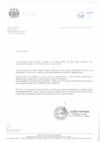 Loïc Pinilla lettre recommandation 2014