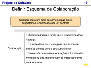 Projeto do Software 19
Definir Esquema de Colaboração
Colaboração é um meio de comunicação entre
subsistemas, endereçado por um contrato
Colaboração
• O contrato indica o modo que o subsistema deve
interagir.
• É manifestado por mensagens que se movem
entre os objetos dentro dos subsistemas.
• Deve conter as classes, operações e formato das
mensagens que implementam as interações entre
colaboradores.
 
