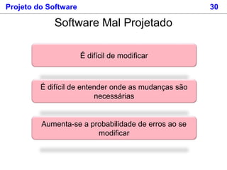Projeto do Software 30
É difícil de modificar
Software Mal Projetado
É difícil de entender onde as mudanças são
necessárias
Aumenta-se a probabilidade de erros ao se
modificar
 