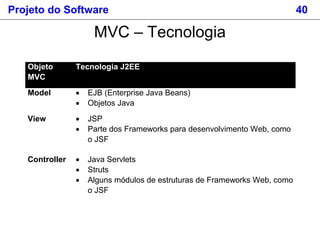 Projeto do Software 40
MVC – Tecnologia
Objeto
MVC
Tecnologia J2EE
Model • EJB (Enterprise Java Beans)
• Objetos Java
View • JSP
• Parte dos Frameworks para desenvolvimento Web, como
o JSF
Controller • Java Servlets
• Struts
• Alguns módulos de estruturas de Frameworks Web, como
o JSF
 