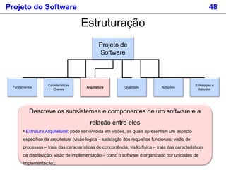 Projeto do Software 48
Estruturação
Projeto de
Software
Fundamentos
Estratégias e
Métodos
Características
Chaves
Arquitetura Qualidade NotaçõesArquitetura
Descreve os subsistemas e componentes de um software e a
relação entre eles
• Estrutura Arquitetural: pode ser dividida em visões, as quais apresentam um aspecto
específico da arquitetura (visão lógica – satisfação dos requisitos funcionais; visão de
processos – trata das características de concorrência; visão física – trata das características
de distribuição; visão de implementação – como o software é organizado por unidades de
implementação);
 