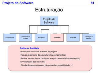 Projeto do Software 51
Estruturação
Projeto de
Software
Fundamentos
Estratégias e
Métodos
Características
Chaves
Arquitetura Qualidade NotaçõesQualidade
Análise da Qualidade
• Revisões formais dos artefatos de projetos
• Provas de conceito da arquitetura (ou componentes)
• Análise estática formal (fault-tree analysis, automated cross-checking,
rastreabilidade dos requisitos)
• Simulação ou prototipagem (desempenho, exeqüibilidade, ...)
 
