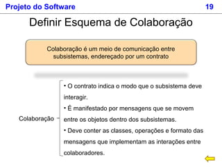 Projeto do Software 19
Definir Esquema de Colaboração
Colaboração é um meio de comunicação entre
subsistemas, endereçado p...