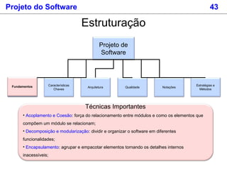Projeto do Software 43
Estruturação
Projeto de
Software
Fundamentos
Estratégias e
Métodos
Características
Chaves
Arquitetu...