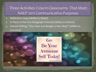 1. Reflective Essay (Ability to Share)
2. In Place of the Five-Paragraph Formula (Ability to Inform)
3. Shared Writing, “Your Dad Just Bought a New Boat” (Ability to
Convince)
 