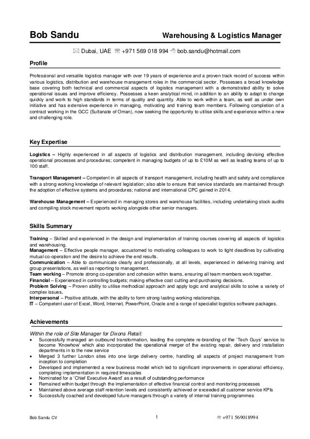 bob sandu cv transport manager cv