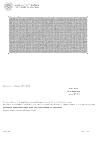 Esenzione: Art. 18 dell'Allegato B DPR 642-1972
Head of Division
Dott.ssa Morena Gervasi
Issued on: 22/09/2014
It is hereby declared that the above digital stamp contains digitally signed by the issuing body attests its authenticity and integrity
This certificate cannot be exhibited to public bodies or private bodies providing public utilities (Italian Law no. 183/2011 – art. 15 para. 1). To verify the authenticity of the
digital signature, please download the software Decoder 2DPlus software, available at www.secure-edge.com
Engineered by CeSIA - Centro Servizi Informatici di Ateneo
L005B_EN Page: 5 of 5
 