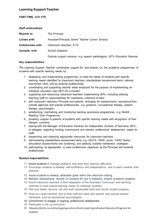 Learning Support Teacher
PART-TIME, 0.51 FTE
Staff relationships:
Reports to: The Principal
Liaises with: Assistant Principal, Senior Teacher (Junior School)
Collaborates with: Classroom teachers, K-10
Consults with: School chaplains
Outside support services, e.g. speech pathologists, IST’s Education Services
Key responsibilities:
The Learning Support Teacher coordinates support for, and advises on, the academic programmes of
students with specific learning needs by:
1. developing and implementing programmes to meet the needs of students with specific
learning needs identified by classroom teachers, standardised assessment tests, national
benchmark tests, and by external professionals;
2. coordinating and supporting teacher aides employed for the purpose of implementing an
individual education plan (IEP) for a student;
3. supporting and resourcing classroom teachers implementing IEPs, including advising
teaching staff on responsibilities for mandatory collection of data;
4. with classroom teachers, Principal and parents, arranging for assessments / assistance from
outside agencies and outside professionals, e.g. guidance, occupational therapy, speech
therapy, psychologist;
5. establishing, maintaining and monitoring learning assistance programmes, e.g. Multilit
Reading Tutor Programme;
6. providing support to parents of students with specific learning needs with recognition of their
relevant concerns;
7. liaising with the Manager of Education Services for Independent Schools of Tasmania (IST) ,
or delegate, regarding funding submissions and relevant professional development needs for
staff;
8. researching and obtaining appropriate resources for classroom teachers;
9. administering standardised assessment tests, e.g. CELF4, YARC Junior, YARC Senior,
articulation assessments and screening, and advising suitable intervention strategies;
10. participating, as appropriate, in case conferences organised by the Principal with external
professionals.
Related responsibilities
11. Assist students to manage problems that arise from learning difficulties.
12. Encourage students to develop self-confidence and independence, and to reach towards their
potential.
13. Assist students to develop attainable goals within the classroom setting.
14. Maintain observational records on students for use in reviewing student academic progress.
15. Assist classroom teachers in their adaptation of the Australian Curriculum and teaching
methods to meet special learning needs for individual students.
16. Plan and deliver lessons, set and mark assessable tasks and record student progress.
17. Work as a team-member with school staff and liaise with parents and outside relevant
individuals such as educational psychologists.
18. Commitment to engage in ongoing professional development.
19. Participate in the co-curriculum.
20. Responsiblefor co-ordinatingpreparation of and compilingIndividual Education Programs for
students.
 