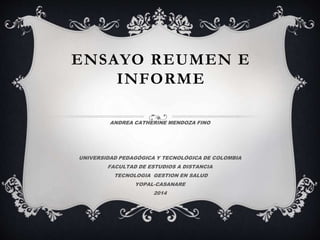 ENSAYO REUMEN E 
INFORME 
ANDREA CATHERINE MENDOZA FINO 
UNIVERSIDAD PEDAGÓGICA Y TECNOLÓGICA DE COLOMBIA 
FACULTAD DE ESTUDIOS A DISTANCIA 
TECNOLOGIA GESTION EN SALUD 
YOPAL-CASANARE 
2014 
 