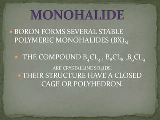  BORON FORMS SEVERAL STABLE
POLYMERIC MONOHALIDES (BX)N .
 THE COMPOUND B4CL4 , B8CL8 ,B9CL9
ARE CRYSTALLINE SOLIDS.
 THEIR STRUCTURE HAVE A CLOSED
CAGE OR POLYHEDRON.
 