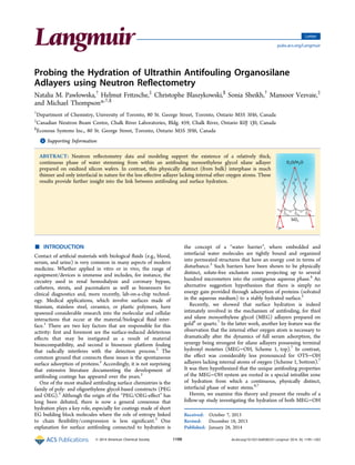 Probing the Hydration of Ultrathin Antifouling Organosilane
Adlayers using Neutron Reﬂectometry
Natalia M. Pawlowska,†
Helmut Fritzsche,‡
Christophe Blaszykowski,§
Sonia Sheikh,†
Mansoor Vezvaie,‡
and Michael Thompson*,†,§
†
Department of Chemistry, University of Toronto, 80 St. George Street, Toronto, Ontario M5S 3H6, Canada
‡
Canadian Neutron Beam Centre, Chalk River Laboratories, Bldg. 459, Chalk River, Ontario K0J 1J0, Canada
§
Econous Systems Inc., 80 St. George Street, Toronto, Ontario M5S 3H6, Canada
*S Supporting Information
ABSTRACT: Neutron reﬂectometry data and modeling support the existence of a relatively thick,
continuous phase of water stemming from within an antifouling monoethylene glycol silane adlayer
prepared on oxidized silicon wafers. In contrast, this physically distinct (from bulk) interphase is much
thinner and only interfacial in nature for the less eﬀective adlayer lacking internal ether oxygen atoms. These
results provide further insight into the link between antifouling and surface hydration.
■ INTRODUCTION
Contact of artiﬁcial materials with biological ﬂuids (e.g., blood,
serum, and urine) is very common in many aspects of modern
medicine. Whether applied in vitro or in vivo, the range of
equipment/devices is immense and includes, for instance, the
circuitry used in renal hemodialysis and coronary bypass,
catheters, stents, and pacemakers as well as biosensors for
clinical diagnostics and, more recently, lab-on-a-chip technol-
ogy. Medical applications, which involve surfaces made of
titanium, stainless steel, ceramics, or plastic polymers, have
spawned considerable research into the molecular and cellular
interactions that occur at the material/biological ﬂuid inter-
face.1
There are two key factors that are responsible for this
activity: ﬁrst and foremost are the surface-induced deleterious
eﬀects that may be instigated as a result of material
bioincompatibility, and second is biosensor platform fouling
that radically interferes with the detection process.2
The
common ground that connects these issues is the spontaneous
surface adsorption of proteins.2
Accordingly, it is not surprising
that extensive literature documenting the development of
antifouling coatings has appeared over the years.2
One of the most studied antifouling surface chemistries is the
family of poly- and oligoethylene glycol-based constructs (PEG
and OEG).3
Although the origin of the “PEG/OEG-eﬀect” has
long been debated, there is now a general consensus that
hydration plays a key role, especially for coatings made of short
EG building block molecules where the role of entropy linked
to chain ﬂexibility/compression is less signiﬁcant.3
One
explanation for surface antifouling connected to hydration is
the concept of a “water barrier”, where embedded and
interfacial water molecules are tightly bound and organized
into permeated structures that have an energy cost in terms of
disturbance.3
Such barriers have been shown to be physically
distinct, solute-free exclusion zones projecting up to several
hundred micrometers into the contiguous aqueous phase.4
An
alternative suggestion hypothesizes that there is simply no
energy gain provided through adsorption of proteins (solvated
in the aqueous medium) to a stably hydrated surface.5
Recently, we showed that surface hydration is indeed
intimately involved in the mechanism of antifouling, for thiol
and silane monoethylene glycol (MEG) adlayers prepared on
gold6
or quartz.7
In the latter work, another key feature was the
observation that the internal ether oxygen atom is necessary to
dramatically alter the dynamics of full serum adsorption, the
synergy being strongest for silane adlayers possessing terminal
hydroxyl moieties (MEG−OH, Scheme 1, top).7
In contrast,
the eﬀect was considerably less pronounced for OTS−OH
adlayers lacking internal atoms of oxygen (Scheme 1, bottom).7
It was then hypothesized that the unique antifouling properties
of the MEG−OH system are rooted in a special intraﬁlm zone
of hydration from which a continuous, physically distinct,
interfacial phase of water stems.6,7
Herein, we examine this theory and present the results of a
follow-up study investigating the hydration of both MEG−OH
Received: October 7, 2013
Revised: December 18, 2013
Published: January 28, 2014
Letter
pubs.acs.org/Langmuir
© 2014 American Chemical Society 1199 dx.doi.org/10.1021/la4038233 | Langmuir 2014, 30, 1199−1203
 