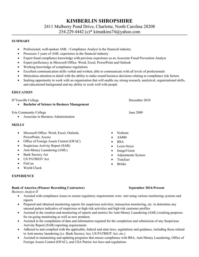 Kimberlin Shropshire Resume
