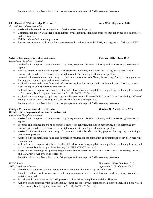 Aml Analyst Resume Summary August 2021