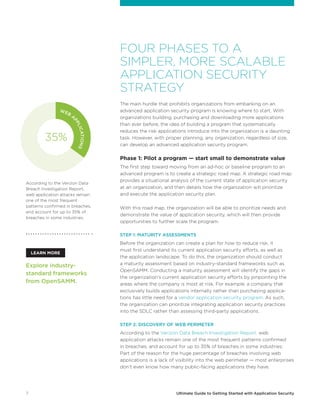 7 Ultimate Guide to Getting Started with Application Security
FOUR PHASES TO A
SIMPLER, MORE SCALABLE
APPLICATION SECURITY
STRATEGY
The main hurdle that prohibits organizations from embarking on an
advanced application security program is knowing where to start. With
organizations building, purchasing and downloading more applications
than ever before, the idea of building a program that systematically
reduces the risk applications introduce into the organization is a daunting
task. However, with proper planning, any organization, regardless of size,
can develop an advanced application security program.
Phase 1: Pilot a program — start small to demonstrate value
The first step toward moving from an ad-hoc or baseline program to an
advanced program is to create a strategic road map. A strategic road map
provides a situational analysis of the current state of application security
at an organization, and then details how the organization will prioritize
and execute the application security plan.
With this road map, the organization will be able to prioritize needs and
demonstrate the value of application security, which will then provide
opportunities to further scale the program.
STEP 1: MATURITY ASSESSMENTS
Before the organization can create a plan for how to reduce risk, it
must first understand its current application security efforts, as well as
the application landscape. To do this, the organization should conduct
a maturity assessment based on industry-standard frameworks such as
OpenSAMM. Conducting a maturity assessment will identify the gaps in
the organization’s current application security efforts by pinpointing the
areas where the company is most at risk. For example, a company that
exclusively builds applications internally rather than purchasing applica-
tions has little need for a vendor application security program. As such,
the organization can prioritize integrating application security practices
into the SDLC rather than assessing third-party applications.
STEP 2: DISCOVERY OF WEB PERIMETER
According to the Verizon Data Breach Investigation Report, web
application attacks remain one of the most frequent patterns confirmed
in breaches, and account for up to 35% of breaches in some industries.
Part of the reason for the huge percentage of breaches involving web
applications is a lack of visibility into the web perimeter — most enterprises
don’t even know how many public-facing applications they have.
Explore industry-
standard frameworks
from OpenSAMM.
According to the Verizon Data
Breach Investigation Report,
web application attacks remain
one of the most frequent
patterns confirmed in breaches,
and account for up to 35% of
breaches in some industries.
LEARN MORE
WEB
A
PPLICATIONS
35%
 