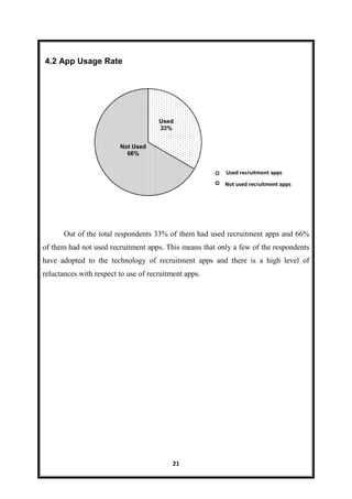 21
4.2 App Usage Rate
Out of the total respondents 33% of them had used recruitment apps and 66%
of them had not used recruitment apps. This means that only a few of the respondents
have adopted to the technology of recruitment apps and there is a high level of
reluctances with respect to use of recruitment apps.
Used
33%
Not Used
66%
Used recruitment apps
Not used recruitment apps
 
