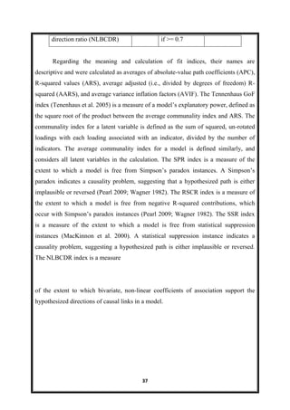 37
direction ratio (NLBCDR) if >= 0.7
Regarding the meaning and calculation of fit indices, their names are
descriptive and were calculated as averages of absolute-value path coefficients (APC),
R-squared values (ARS), average adjusted (i.e., divided by degrees of freedom) R-
squared (AARS), and average variance inflation factors (AVIF). The Tennenhaus GoF
index (Tenenhaus et al. 2005) is a measure of a model’s explanatory power, defined as
the square root of the product between the average communality index and ARS. The
communality index for a latent variable is defined as the sum of squared, un-rotated
loadings with each loading associated with an indicator, divided by the number of
indicators. The average communality index for a model is defined similarly, and
considers all latent variables in the calculation. The SPR index is a measure of the
extent to which a model is free from Simpson’s paradox instances. A Simpson’s
paradox indicates a causality problem, suggesting that a hypothesized path is either
implausible or reversed (Pearl 2009; Wagner 1982). The RSCR index is a measure of
the extent to which a model is free from negative R-squared contributions, which
occur with Simpson’s paradox instances (Pearl 2009; Wagner 1982). The SSR index
is a measure of the extent to which a model is free from statistical suppression
instances (MacKinnon et al. 2000). A statistical suppression instance indicates a
causality problem, suggesting a hypothesized path is either implausible or reversed.
The NLBCDR index is a measure
of the extent to which bivariate, non-linear coefficients of association support the
hypothesized directions of causal links in a model.
 