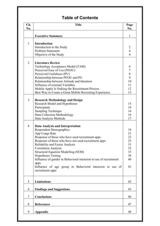 Table of Contents
Ch.
No.
Title Page
No.
Executive Summary 1
1 Introduction
Introduction to the Study
Problem Statement
Objective of the Study
2
4
4
2 Literature Review
Technology Acceptance Model (TAM)
Perceived Ease of Use (PEOU)
Perceived Usefulness (PU)
Relationship between PEOU and PU
Relationship between Attitude and Intention
Influence of external Variables
Mobile Apply Is Sinking the Recruitment Process
Best Way to Create a Great Mobile Recruiting Experience
6
7
8
9
10
11
12
13
3 Research Methodology and Design
Research Model and Hypotheses
Participants
Sampling Technique
Data Collection Methodology
Data Analysis Methods
15
16
16
16
17
4 Data Analysis and Interpretation
Respondent Demographics
App Usage Rate
Response of those who have used recruitment apps
Response of those who have not used recruitment apps
Reliability and Factor Analysis
Correlation Analysis
Structural Equation Modelling (SEM)
Hypotheses Testing
Influence of gender in Behavioral intension to use of recruitment
apps
Influence of age group in Behavioral intension to use of
recruitment apps
18
21
22
25
31
32
33
38
40
41
5 Limitations 42
6 Findings and Suggestions 43
7 Conclusions 46
8 References 47
9 Appendix 48
 