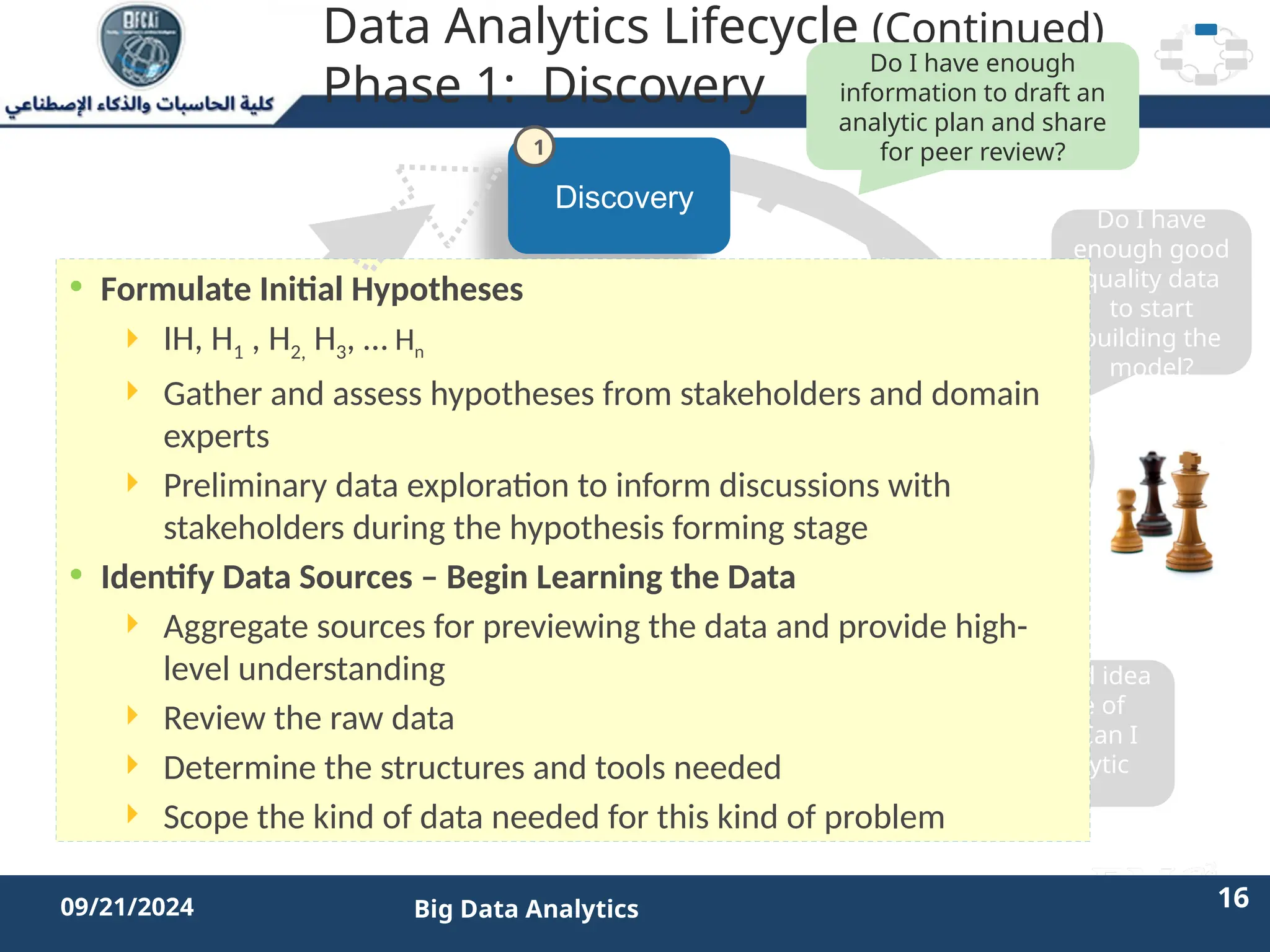 2/11/2023 16 16
09/21/2024 Big Data Analytics
Data Analytics Lifecycle (Continued)
Phase 1: Discovery
Discovery
Operationalize
Model
Planning
Data Prep
Model
Building
Communicate
Results
Do I have enough
information to draft an
analytic plan and share
for peer review?
Do I have
enough good
quality data
to start
building the
model?
Do I have a good idea
about the type of
model to try? Can I
refine the analytic
plan?
Is the model robust
enough? Have we
failed for sure?
• Formulate Initial Hypotheses
 IH, H1 , H2, H3, … Hn
 Gather and assess hypotheses from stakeholders and domain
experts
 Preliminary data exploration to inform discussions with
stakeholders during the hypothesis forming stage
• Identify Data Sources – Begin Learning the Data
 Aggregate sources for previewing the data and provide high-
level understanding
 Review the raw data
 Determine the structures and tools needed
 Scope the kind of data needed for this kind of problem
1
 