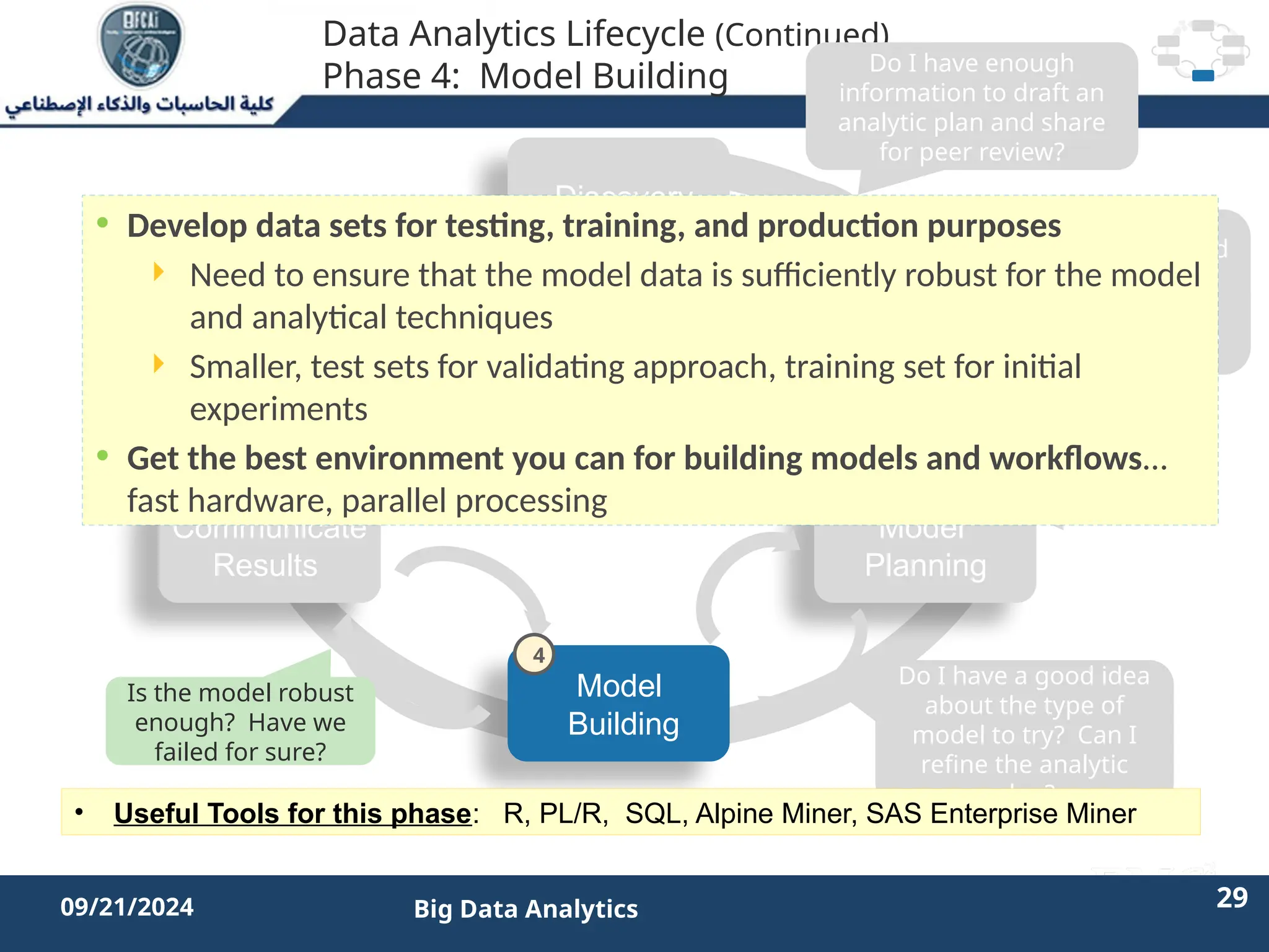 2/11/2023 29 29
09/21/2024 Big Data Analytics
Data Analytics Lifecycle (Continued)
Phase 4: Model Building
Discovery
Operationalize
Model
Planning
Data Prep
Model
Building
Communicate
Results
Do I have enough
information to draft an
analytic plan and share
for peer review?
Do I have
enough good
quality data
to start
building the
model?
Do I have a good idea
about the type of
model to try? Can I
refine the analytic
plan?
Is the model robust
enough? Have we
failed for sure?
• Develop data sets for testing, training, and production purposes
 Need to ensure that the model data is sufficiently robust for the model
and analytical techniques
 Smaller, test sets for validating approach, training set for initial
experiments
• Get the best environment you can for building models and workflows…
fast hardware, parallel processing
• Useful Tools for this phase: R, PL/R, SQL, Alpine Miner, SAS Enterprise Miner
4
 