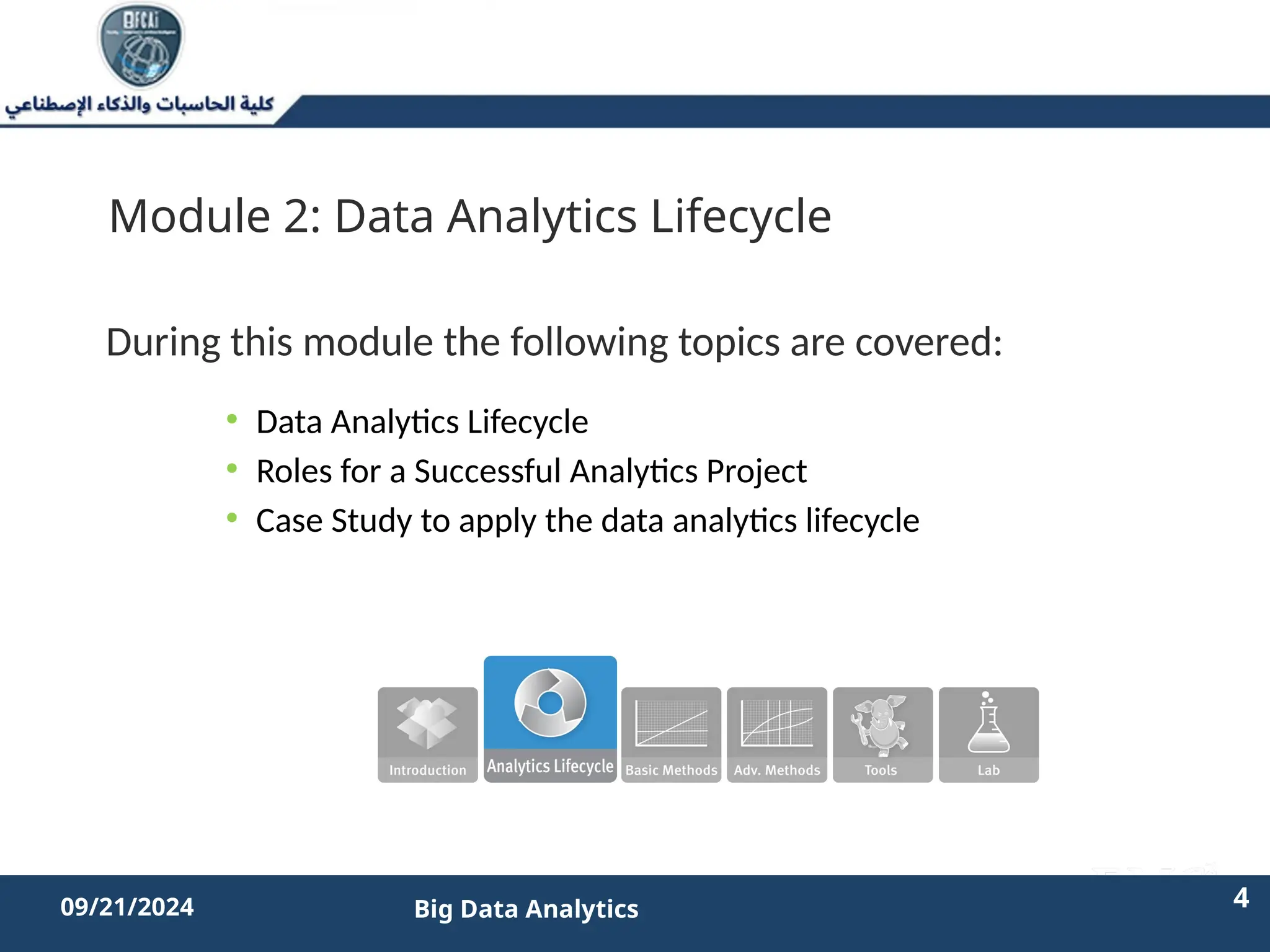 2/11/2023 4 4
09/21/2024 Big Data Analytics
Module 2: Data Analytics Lifecycle
• Data Analytics Lifecycle
• Roles for a Successful Analytics Project
• Case Study to apply the data analytics lifecycle
During this module the following topics are covered:
 