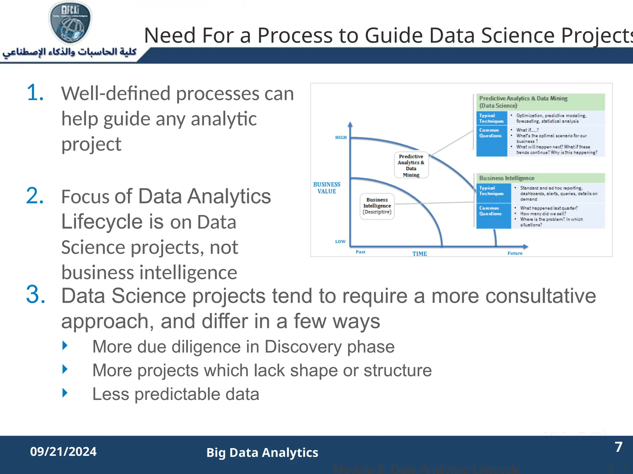 2/11/2023 7 7
09/21/2024 Big Data Analytics
7
1. Well-defined processes can
help guide any analytic
project
2. Focus of Data Analytics
Lifecycle is on Data
Science projects, not
business intelligence
3. Data Science projects tend to require a more consultative
approach, and differ in a few ways
 More due diligence in Discovery phase
 More projects which lack shape or structure
 Less predictable data
Need For a Process to Guide Data Science Projects
7
Module 2: Data Analytics Lifecycle
 