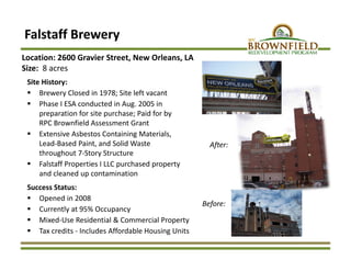 Falstaff Brewery
Location: 2600 Gravier Street, New Orleans, LA
Size:  8 acres
Site History:
 Brewery Closed in 1978; Site left vacant
 Phase I ESA conducted in Aug. 2005 in 
preparation for site purchase; Paid for by 
RPC Brownfield Assessment Grant
 Extensive Asbestos Containing Materials, 
Lead‐Based Paint, and Solid Waste 
throughout 7‐Story Structure
 Falstaff Properties I LLC purchased property 
and cleaned up contamination
Success Status:
 Opened in 2008
 Currently at 95% Occupancy
 Mixed‐Use Residential & Commercial Property 
 Tax credits ‐ Includes Affordable Housing Units
Before:
After:
 