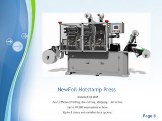 Powerpoint Templates
Page 8
NewFoil Hotstamp Press
Installed Q4 2015
Fast, Efficient Printing, Die-cutting, stripping. All in line.
Up to 18,000 impressions an hour.
Up to 8 colors and variable data options.
 