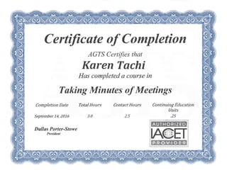 Certificate of Completion- Taking Minutes of Meetings