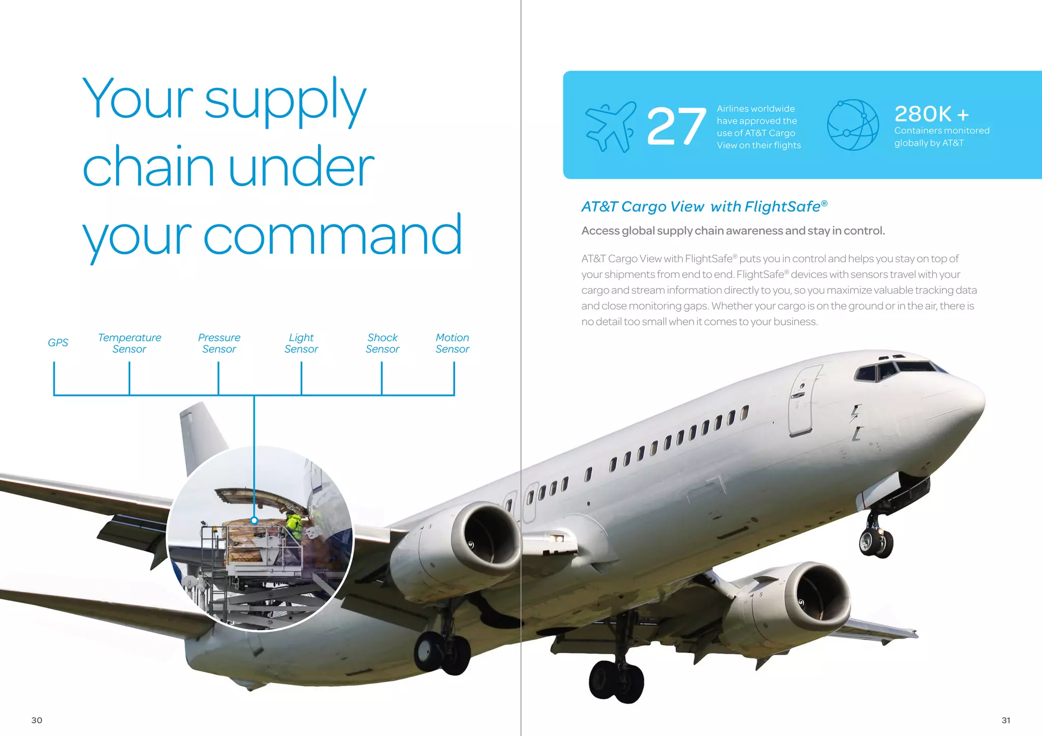 AT&T Cargo View with FlightSafe®
Accessglobalsupplychainawarenessandstayincontrol.
AT&TCargoViewwithFlightSafe®
putsyouincontrolandhelpsyoustayontopof
yourshipmentsfromendtoend.FlightSafe®
deviceswithsensorstravelwithyour
cargoandstreaminformationdirectlytoyou,soyoumaximizevaluabletrackingdata
andclosemonitoringgaps.Whetheryourcargoisonthegroundorintheair,thereis
nodetailtoosmallwhenitcomestoyourbusiness.
GPS Temperature
Sensor
Pressure
Sensor
Light
Sensor
Shock
Sensor
Motion
Sensor
27
Airlines worldwide
have approved the
use of AT&T Cargo
View on their flights
280K +
Containers monitored
globally by AT&T
Yoursupply
chainunder
yourcommand
3130
 