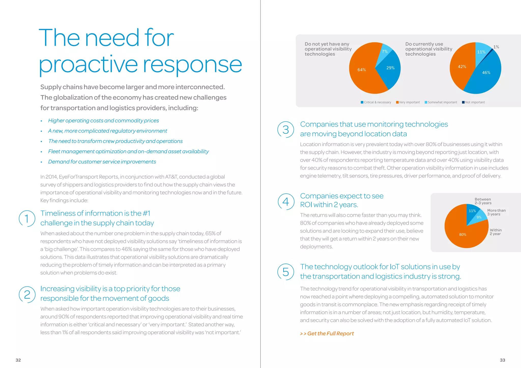 Theneedfor
proactiveresponse
Supplychainshavebecomelargerandmoreinterconnected.
Theglobalizationoftheeconomyhascreatednewchallenges
fortransportationandlogisticsproviders,including:
•	 Higheroperatingcostsandcommodityprices
•	 Anew,morecomplicatedregulatoryenvironment
•	 Theneedtotransformcrewproductivityandoperations
•	 Fleetmanagementoptimizationandon-demandassetavailability
•	 Demandforcustomerserviceimprovements
In2014,EyeForTransportReports,inconjunctionwithAT&T,conductedaglobal
surveyofshippersandlogisticsproviderstofindouthowthesupplychainviewsthe
importanceofoperationalvisibilityandmonitoringtechnologiesnowandinthefuture.
Keyfindingsinclude:
Timelinessofinformationisthe#1
challengeinthesupplychaintoday
Whenaskedaboutthenumberoneprobleminthesupplychaintoday,65%of
respondentswhohavenotdeployedvisibilitysolutionssay‘timelinessofinformationis
a‘bigchallenge’.Thiscomparesto46%sayingthesameforthosewhohavedeployed
solutions.Thisdataillustratesthatoperationalvisibilitysolutionsaredramatically
reducingtheproblemoftimelyinformationandcanbeinterpretedasaprimary
solutionwhenproblemsdoexist.
Increasingvisibilityisatoppriorityforthose
responsibleforthemovementofgoods
Whenaskedhowimportantoperationvisibilitytechnologiesaretotheirbusinesses,
around90%ofrespondentsreportedthatimprovingoperationalvisibilityandrealtime
informationiseither‘criticalandnecessary’or‘veryimportant.’ Statedanotherway,
lessthan1%ofallrespondentssaidimprovingoperationalvisibilitywas‘notimportant.’
ThetechnologyoutlookforIoTsolutionsinuseby
thetransportationandlogisticsindustryisstrong.
Thetechnologytrendforoperationalvisibilityintransportationandlogisticshas
nowreachedapointwheredeployingacompelling,automatedsolutiontomonitor
goodsintransitiscommonplace.Thenewemphasisregardingreceiptoftimely
informationisinanumberofareas;notjustlocation,buthumidity,temperature,
andsecuritycanalsobesolvedwiththeadoptionofafullyautomatedIoTsolution.
Companiesexpecttosee
ROIwithin2years.
Thereturnswillalsocomefasterthanyoumaythink.
80%ofcompanieswhohavealreadydeployedsome
solutionsandarelookingtoexpandtheiruse,believe
thattheywillgetareturnwithin2yearsontheirnew
deployments.
Within
2 year
Between
2-3 years
More than
3 years
80%
11%
9%
Companiesthatusemonitoringtechnologies
aremovingbeyondlocationdata
Locationinformationisveryprevalenttodaywithover80%ofbusinessesusingitwithin
thesupplychain.However,theindustryismovingbeyondreportingjustlocation,with
over40%ofrespondentsreportingtemperaturedataandover40%usingvisibilitydata
forsecurityreasonstocombattheft.Otheroperationvisibilityinformationinuseincludes
enginetelemetry,tiltsensors,tirepressures,driverperformance,andproofofdelivery.
7%
29%64%
46%
42%
1%
11%
Do not yet have any
operational visibility
technologies
Do currently use
operational visibility
technologies
Critical & necessary Very important Somewhat important Not important
>>GettheFullReport
3332
 
