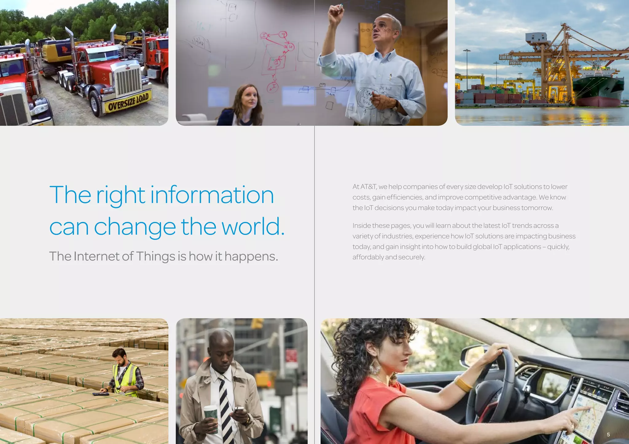 Therightinformation
canchangetheworld.
TheInternetofThingsishowithappens.
AtAT&T,wehelpcompaniesofeverysizedevelopIoTsolutionstolower
costs,gainefficiencies,andimprovecompetitiveadvantage.Weknow
theIoTdecisionsyoumaketodayimpactyourbusinesstomorrow.
Insidethesepages,youwilllearnaboutthelatestIoTtrendsacrossa
varietyofindustries,experiencehowIoTsolutionsareimpactingbusiness
today,andgaininsightintohowtobuildglobalIoTapplications–quickly,
affordablyandsecurely.
4 54
 