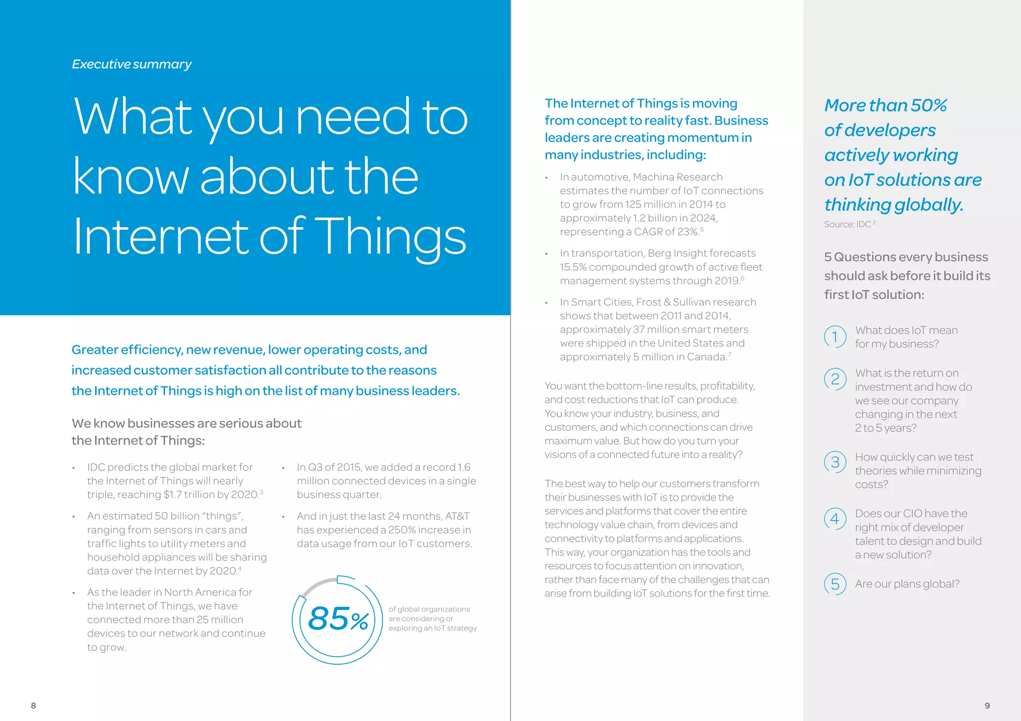 Whatyouneedto
knowaboutthe
InternetofThings
•	 IDC predicts the global market for
the Internet of Things will nearly
triple, reaching $1.7 trillion by 2020.3
•	 An estimated 50 billion “things”,
ranging from sensors in cars and
traffic lights to utility meters and
household appliances will be sharing
data over the Internet by 2020.4
•	 As the leader in North America for
the Internet of Things, we have
connected more than 25 million
devices to our network and continue
to grow.
•	 In Q3 of 2015, we added a record 1.6
million connected devices in a single
business quarter.
•	 And in just the last 24 months, AT&T
has experienced a 250% increase in
data usage from our IoT customers.
Greaterefficiency,newrevenue,loweroperatingcosts,and
increasedcustomersatisfactionallcontributetothereasons
theInternetofThingsishighonthelistofmanybusinessleaders.
Weknowbusinessesareseriousabout
theInternetofThings:
TheInternetofThingsismoving
fromconcepttorealityfast.Business
leadersarecreatingmomentumin
manyindustries,including:
•	 In automotive, Machina Research
estimates the number of IoT connections
to grow from 125 million in 2014 to
approximately 1.2 billion in 2024,
representing a CAGR of 23%.5
•	 In transportation, Berg Insight forecasts
15.5% compounded growth of active fleet
management systems through 2019.6
•	 In Smart Cities, Frost & Sullivan research
shows that between 2011 and 2014,
approximately 37 million smart meters
were shipped in the United States and
approximately 5 million in Canada.7
Youwantthebottom-lineresults,profitability,
andcostreductionsthatIoTcanproduce.
Youknowyourindustry,business,and
customers,andwhichconnectionscandrive
maximumvalue.Buthowdoyouturnyour
visionsofaconnectedfutureintoareality?
Thebestwaytohelpourcustomerstransform
theirbusinesseswithIoTistoprovidethe
servicesandplatformsthatcovertheentire
technologyvaluechain,fromdevicesand
connectivitytoplatformsandapplications.
Thisway,yourorganizationhasthetoolsand
resourcestofocusattentiononinnovation,
ratherthanfacemanyofthechallengesthatcan
arisefrombuildingIoTsolutionsforthefirsttime.
Executivesummary
Morethan50%
ofdevelopers
activelyworking
onIoTsolutionsare
thinkingglobally.
WhatdoesIoTmean
formybusiness?
Whatisthereturnon
investmentandhowdo
weseeourcompany
changinginthenext
2to5years?
Howquicklycanwetest
theorieswhileminimizing
costs?
DoesourCIOhavethe
rightmixofdeveloper
talenttodesignandbuild
anewsolution?
Areourplansglobal?
5Questionseverybusiness
shouldaskbeforeitbuildits
firstIoTsolution:
Source:IDC2
85%
of global organizations
are considering or
exploring an IoT strategy
98
 