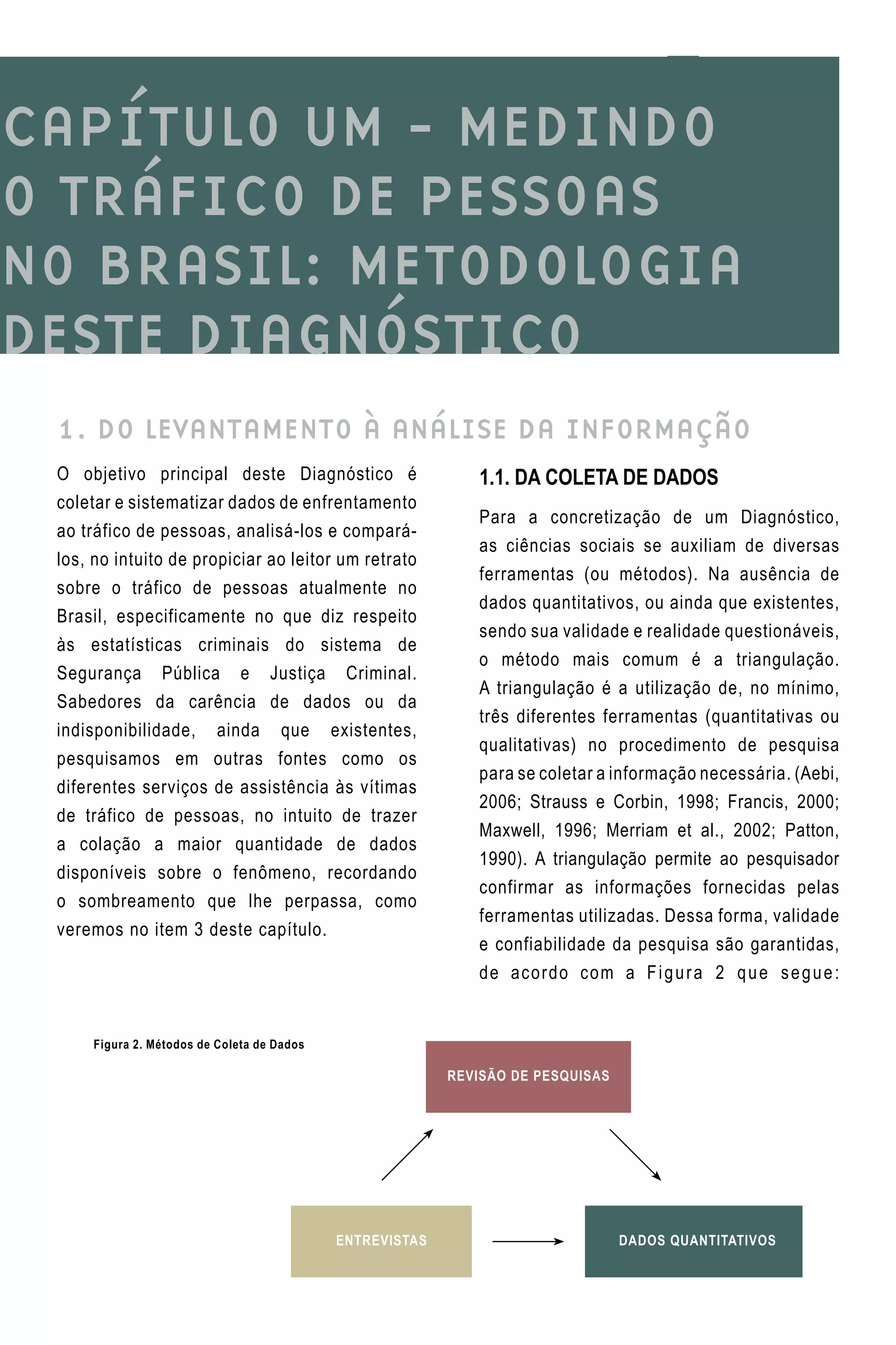 CAPÍTULO UM - MEDINDO
O TRÁFICO DE PESSOAS
NO BRASIL: METODOLOGIA
DESTE DIAGNÓSTICO
1. DO LEVANTAMENTO À ANÁLISE DA INFORMAÇÃO
O objetivo principal deste Diagnóstico é
coletar e sistematizar dados de enfrentamento
ao tráfico de pessoas, analisá-los e compará-
los, no intuito de propiciar ao leitor um retrato
sobre o tráfico de pessoas atualmente no
Brasil, especificamente no que diz respeito
às estatísticas criminais do sistema de
Segurança Pública e Justiça Criminal.
Sabedores da carência de dados ou da
indisponibilidade, ainda que existentes,
pesquisamos em outras fontes como os
diferentes serviços de assistência às vítimas
de tráfico de pessoas, no intuito de trazer
a colação a maior quantidade de dados
disponíveis sobre o fenômeno, recordando
o sombreamento que lhe perpassa, como
veremos no item 3 deste capítulo.
1.1. Da Coleta de Dados
Para a concretização de um Diagnóstico,
as ciências sociais se auxiliam de diversas
ferramentas (ou métodos). Na ausência de
dados quantitativos, ou ainda que existentes,
sendo sua validade e realidade questionáveis,
o método mais comum é a triangulação.
A triangulação é a utilização de, no mínimo,
três diferentes ferramentas (quantitativas ou
qualitativas) no procedimento de pesquisa
para se coletar a informação necessária. (Aebi,
2006; Strauss e Corbin, 1998; Francis, 2000;
Maxwell, 1996; Merriam et al., 2002; Patton,
1990). A triangulação permite ao pesquisador
confirmar as informações fornecidas pelas
ferramentas utilizadas. Dessa forma, validade
e confiabilidade da pesquisa são garantidas,
de acordo com a Figura 2 que segue:
ENTREVISTAS DADOS QUANTITATIVOS
REVISÃO DE PESQUISAS
Figura 2. Métodos de Coleta de Dados
 