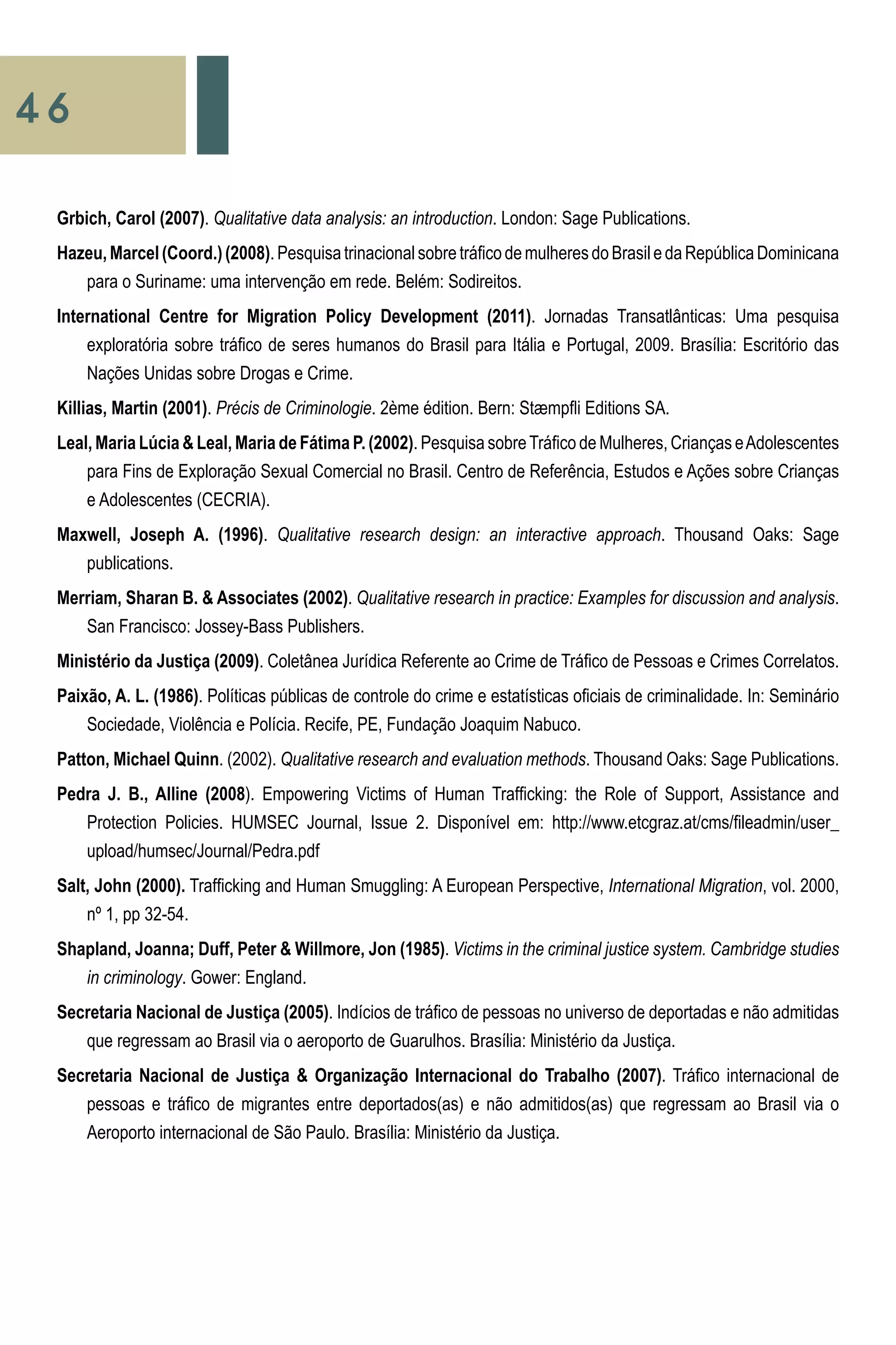 46
Grbich, Carol (2007). Qualitative data analysis: an introduction. London: Sage Publications.
Hazeu,Marcel(Coord.)(2008).PesquisatrinacionalsobretráficodemulheresdoBrasiledaRepúblicaDominicana
	 para o Suriname: uma intervenção em rede. Belém: Sodireitos.
International Centre for Migration Policy Development (2011). Jornadas Transatlânticas: Uma pesquisa
	 exploratória sobre tráfico de seres humanos do Brasil para Itália e Portugal, 2009. Brasília: Escritório das
	 Nações Unidas sobre Drogas e Crime.
Killias, Martin (2001). Précis de Criminologie. 2ème édition. Bern: Stæmpfli Editions SA.
Leal, Maria Lúcia & Leal, Maria de Fátima P. (2002). Pesquisa sobreTráfico de Mulheres, Crianças eAdolescentes
	 para Fins de Exploração Sexual Comercial no Brasil. Centro de Referência, Estudos e Ações sobre Crianças
	 e Adolescentes (CECRIA).
Maxwell, Joseph A. (1996). Qualitative research design: an interactive approach. Thousand Oaks: Sage
	 publications.
Merriam, Sharan B. & Associates (2002). Qualitative research in practice: Examples for discussion and analysis.
	 San Francisco: Jossey-Bass Publishers.
Ministério da Justiça (2009). Coletânea Jurídica Referente ao Crime de Tráfico de Pessoas e Crimes Correlatos.
Paixão, A. L. (1986). Políticas públicas de controle do crime e estatísticas oficiais de criminalidade. In: Seminário
	 Sociedade, Violência e Polícia. Recife, PE, Fundação Joaquim Nabuco.
Patton, Michael Quinn. (2002). Qualitative research and evaluation methods. Thousand Oaks: Sage Publications.
Pedra J. B., Alline (2008). Empowering Victims of Human Trafficking: the Role of Support, Assistance and
	 Protection Policies. HUMSEC Journal, Issue 2. Disponível em: http://www.etcgraz.at/cms/fileadmin/user_
	 upload/humsec/Journal/Pedra.pdf
Salt, John (2000). Trafficking and Human Smuggling: A European Perspective, International Migration, vol. 2000,
	 nº 1, pp 32-54.
Shapland, Joanna; Duff, Peter & Willmore, Jon (1985). Victims in the criminal justice system. Cambridge studies
	 in criminology. Gower: England.
Secretaria Nacional de Justiça (2005). Indícios de tráfico de pessoas no universo de deportadas e não admitidas
	 que regressam ao Brasil via o aeroporto de Guarulhos. Brasília: Ministério da Justiça.
Secretaria Nacional de Justiça & Organização Internacional do Trabalho (2007). Tráfico internacional de
	 pessoas e tráfico de migrantes entre deportados(as) e não admitidos(as) que regressam ao Brasil via o
	 Aeroporto internacional de São Paulo. Brasília: Ministério da Justiça.
 