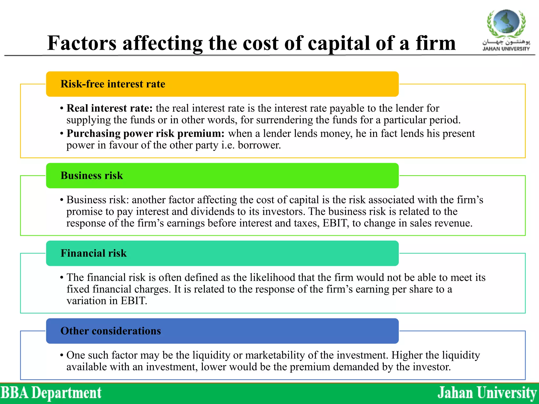 Factors affecting the cost of capital of a firm
• Real interest rate: the real interest rate is the interest rate payable to the lender for
supplying the funds or in other words, for surrendering the funds for a particular period.
• Purchasing power risk premium: when a lender lends money, he in fact lends his present
power in favour of the other party i.e. borrower.
Risk-free interest rate
• Business risk: another factor affecting the cost of capital is the risk associated with the firm’s
promise to pay interest and dividends to its investors. The business risk is related to the
response of the firm’s earnings before interest and taxes, EBIT, to change in sales revenue.
Business risk
• The financial risk is often defined as the likelihood that the firm would not be able to meet its
fixed financial charges. It is related to the response of the firm’s earning per share to a
variation in EBIT.
Financial risk
• One such factor may be the liquidity or marketability of the investment. Higher the liquidity
available with an investment, lower would be the premium demanded by the investor.
Other considerations
 