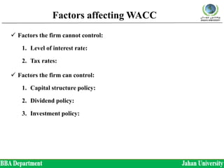 Factors affecting WACC
 Factors the firm cannot control:
1. Level of interest rate:
2. Tax rates:
 Factors the firm can control:
1. Capital structure policy:
2. Dividend policy:
3. Investment policy:
 