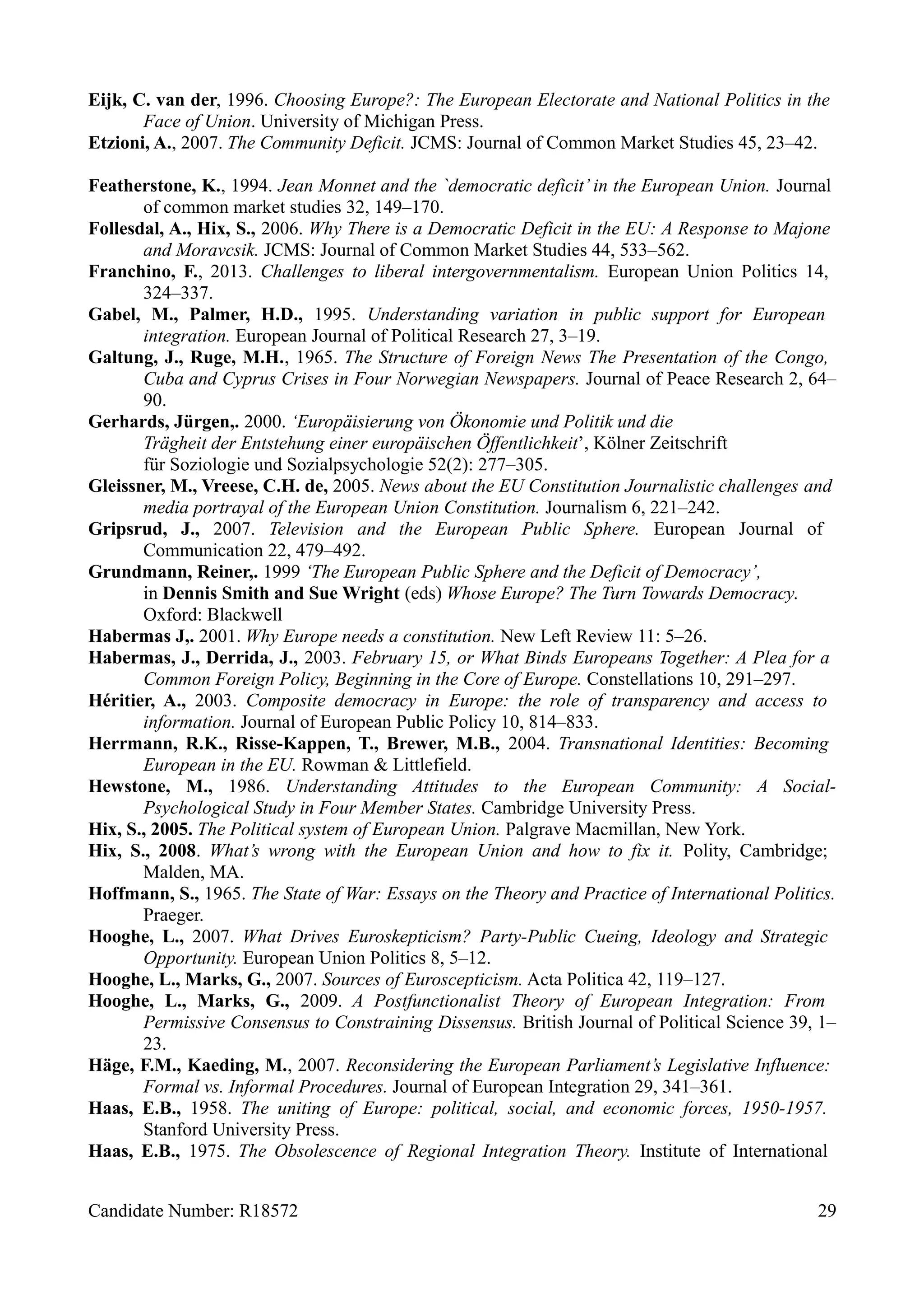 Eijk, C. van der, 1996. Choosing Europe?: The European Electorate and National Politics in the
Face of Union. University of Michigan Press.
Etzioni, A., 2007. The Community Deficit. JCMS: Journal of Common Market Studies 45, 23–42.
Featherstone, K., 1994. Jean Monnet and the `democratic deficit’ in the European Union. Journal
of common market studies 32, 149–170.
Follesdal, A., Hix, S., 2006. Why There is a Democratic Deficit in the EU: A Response to Majone
and Moravcsik. JCMS: Journal of Common Market Studies 44, 533–562.
Franchino, F., 2013. Challenges to liberal intergovernmentalism. European Union Politics 14,
324–337.
Gabel, M., Palmer, H.D., 1995. Understanding variation in public support for European
integration. European Journal of Political Research 27, 3–19.
Galtung, J., Ruge, M.H., 1965. The Structure of Foreign News The Presentation of the Congo,
Cuba and Cyprus Crises in Four Norwegian Newspapers. Journal of Peace Research 2, 64–
90.
Gerhards, Jürgen,. 2000. ‘Europäisierung von Ökonomie und Politik und die
Trägheit der Entstehung einer europäischen Öffentlichkeit’, Kölner Zeitschrift
für Soziologie und Sozialpsychologie 52(2): 277–305.
Gleissner, M., Vreese, C.H. de, 2005. News about the EU Constitution Journalistic challenges and
media portrayal of the European Union Constitution. Journalism 6, 221–242.
Gripsrud, J., 2007. Television and the European Public Sphere. European Journal of
Communication 22, 479–492.
Grundmann, Reiner,. 1999 ‘The European Public Sphere and the Deficit of Democracy’,
in Dennis Smith and Sue Wright (eds) Whose Europe? The Turn Towards Democracy.
Oxford: Blackwell
Habermas J,. 2001. Why Europe needs a constitution. New Left Review 11: 5–26.
Habermas, J., Derrida, J., 2003. February 15, or What Binds Europeans Together: A Plea for a
Common Foreign Policy, Beginning in the Core of Europe. Constellations 10, 291–297.
Héritier, A., 2003. Composite democracy in Europe: the role of transparency and access to
information. Journal of European Public Policy 10, 814–833.
Herrmann, R.K., Risse-Kappen, T., Brewer, M.B., 2004. Transnational Identities: Becoming
European in the EU. Rowman & Littlefield.
Hewstone, M., 1986. Understanding Attitudes to the European Community: A Social-
Psychological Study in Four Member States. Cambridge University Press.
Hix, S., 2005. The Political system of European Union. Palgrave Macmillan, New York.
Hix, S., 2008. What’s wrong with the European Union and how to fix it. Polity, Cambridge;
Malden, MA.
Hoffmann, S., 1965. The State of War: Essays on the Theory and Practice of International Politics.
Praeger.
Hooghe, L., 2007. What Drives Euroskepticism? Party-Public Cueing, Ideology and Strategic
Opportunity. European Union Politics 8, 5–12.
Hooghe, L., Marks, G., 2007. Sources of Euroscepticism. Acta Politica 42, 119–127.
Hooghe, L., Marks, G., 2009. A Postfunctionalist Theory of European Integration: From
Permissive Consensus to Constraining Dissensus. British Journal of Political Science 39, 1–
23.
Häge, F.M., Kaeding, M., 2007. Reconsidering the European Parliament’s Legislative Influence:
Formal vs. Informal Procedures. Journal of European Integration 29, 341–361.
Haas, E.B., 1958. The uniting of Europe: political, social, and economic forces, 1950-1957.
Stanford University Press.
Haas, E.B., 1975. The Obsolescence of Regional Integration Theory. Institute of International
Candidate Number: R18572 29
 