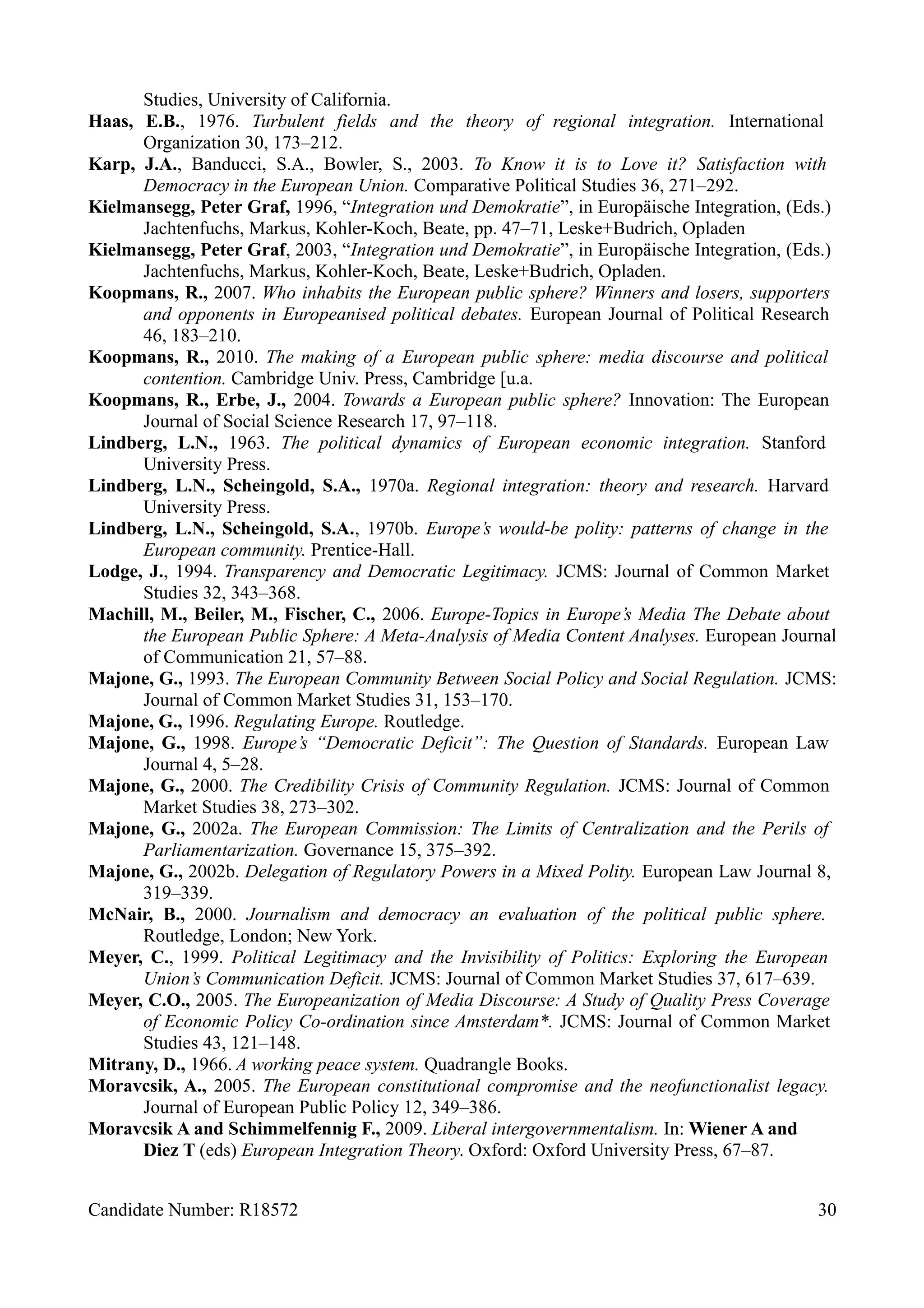 Studies, University of California.
Haas, E.B., 1976. Turbulent fields and the theory of regional integration. International
Organization 30, 173–212.
Karp, J.A., Banducci, S.A., Bowler, S., 2003. To Know it is to Love it? Satisfaction with
Democracy in the European Union. Comparative Political Studies 36, 271–292.
Kielmansegg, Peter Graf, 1996, “Integration und Demokratie”, in Europäische Integration, (Eds.)
Jachtenfuchs, Markus, Kohler-Koch, Beate, pp. 47–71, Leske+Budrich, Opladen
Kielmansegg, Peter Graf, 2003, “Integration und Demokratie”, in Europäische Integration, (Eds.)
Jachtenfuchs, Markus, Kohler-Koch, Beate, Leske+Budrich, Opladen.
Koopmans, R., 2007. Who inhabits the European public sphere? Winners and losers, supporters
and opponents in Europeanised political debates. European Journal of Political Research
46, 183–210.
Koopmans, R., 2010. The making of a European public sphere: media discourse and political
contention. Cambridge Univ. Press, Cambridge [u.a.
Koopmans, R., Erbe, J., 2004. Towards a European public sphere? Innovation: The European
Journal of Social Science Research 17, 97–118.
Lindberg, L.N., 1963. The political dynamics of European economic integration. Stanford
University Press.
Lindberg, L.N., Scheingold, S.A., 1970a. Regional integration: theory and research. Harvard
University Press.
Lindberg, L.N., Scheingold, S.A., 1970b. Europe’s would-be polity: patterns of change in the
European community. Prentice-Hall.
Lodge, J., 1994. Transparency and Democratic Legitimacy. JCMS: Journal of Common Market
Studies 32, 343–368.
Machill, M., Beiler, M., Fischer, C., 2006. Europe-Topics in Europe’s Media The Debate about
the European Public Sphere: A Meta-Analysis of Media Content Analyses. European Journal
of Communication 21, 57–88.
Majone, G., 1993. The European Community Between Social Policy and Social Regulation. JCMS:
Journal of Common Market Studies 31, 153–170.
Majone, G., 1996. Regulating Europe. Routledge.
Majone, G., 1998. Europe’s “Democratic Deficit”: The Question of Standards. European Law
Journal 4, 5–28.
Majone, G., 2000. The Credibility Crisis of Community Regulation. JCMS: Journal of Common
Market Studies 38, 273–302.
Majone, G., 2002a. The European Commission: The Limits of Centralization and the Perils of
Parliamentarization. Governance 15, 375–392.
Majone, G., 2002b. Delegation of Regulatory Powers in a Mixed Polity. European Law Journal 8,
319–339.
McNair, B., 2000. Journalism and democracy an evaluation of the political public sphere.
Routledge, London; New York.
Meyer, C., 1999. Political Legitimacy and the Invisibility of Politics: Exploring the European
Union’s Communication Deficit. JCMS: Journal of Common Market Studies 37, 617–639.
Meyer, C.O., 2005. The Europeanization of Media Discourse: A Study of Quality Press Coverage
of Economic Policy Co-ordination since Amsterdam*. JCMS: Journal of Common Market
Studies 43, 121–148.
Mitrany, D., 1966. A working peace system. Quadrangle Books.
Moravcsik, A., 2005. The European constitutional compromise and the neofunctionalist legacy.
Journal of European Public Policy 12, 349–386.
Moravcsik A and Schimmelfennig F., 2009. Liberal intergovernmentalism. In: Wiener A and
Diez T (eds) European Integration Theory. Oxford: Oxford University Press, 67–87.
Candidate Number: R18572 30
 