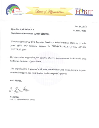 R & R - Letter from CEO - TVS Logistics Services Ltd