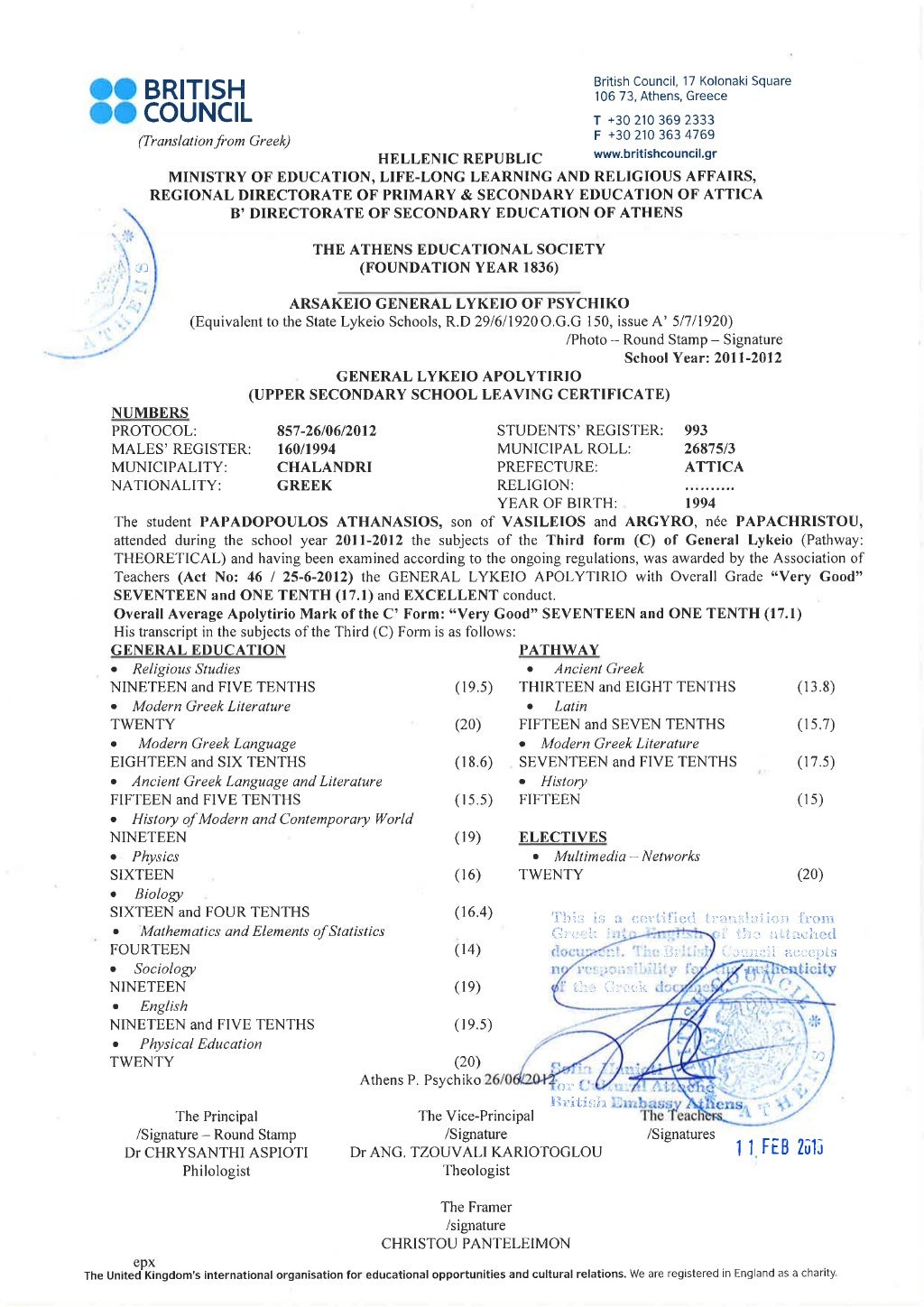 Upper Secondary School Leaving Certificate Upper Secondary School Leaving Certificate