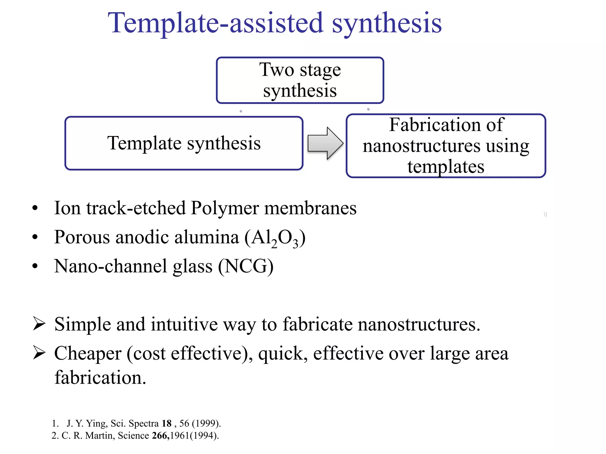 • Ion track-etched Polymer membranes
• Porous anodic alumina (Al2O3)
• Nano-channel glass (NCG)
 Simple and intuitive way to fabricate nanostructures.
 Cheaper (cost effective), quick, effective over large area
fabrication.
Template-assisted synthesis
Two stage
synthesis
Fabrication of
nanostructures using
templates
Template synthesis
1. J. Y. Ying, Sci. Spectra 18 , 56 (1999).
2. C. R. Martin, Science 266,1961(1994).
 