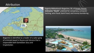 Attribution
Evgeniy Mikhailovich Bogachev, 30, of Anapa, Russia.
nickname “Slavik” ,indicted for conspiracy, computer
hacking, wire fraud, bank fraud, and money laundering .
Bogachev is identified as a leader of a cyber gang
of criminals based in Russia and Ukraine that is
responsible both GameOver Zeus and
Cryptolocker.
 