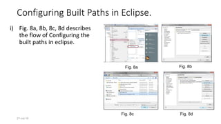 Configuring Built Paths in Eclipse.
21-Jul-16
Fig. 8a Fig. 8b
Fig. 8c Fig. 8d
i) Fig. 8a, 8b, 8c, 8d describes
the flow of Configuring the
built paths in eclipse.
 