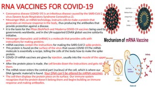 RNA VACCINES FOR COVID-19
• Coronavirus disease (COVID-19) is an infectious disease caused by the SARS-CoV-2
virus (Severe Acute Respiratory Syndrome CoronaVirus 2).
• Messenger RNA, or mRNA technology, instructs cells to make a protein that
generates an immune response in the body, thus producing the antibodies that
provide protection against a disease.
• It is the basis for the Pfizer/BioNTech and Moderna COVID-19 vaccines being used by
governments worldwide, and in the UN-supported COVAX global vaccine solidarity
initiative.
• Messenger ribonucleic acid (mRNA) is a molecule that provides cells with
instructions for making proteins.
• mRNA vaccines contain the instructions for making the SARS-CoV-2 spike protein.
• This protein is found on the surface of the virus that causes COVID-19.The mRNA
molecule is essentially a recipe, telling the cells of the body how to make the spike
protein.
• COVID-19 mRNA vaccines are given by injection, usually into the muscle of the upper
arm.
• After the protein piece is made, the cell breaks down the instructions and gets rid of
them.
• The mRNA never enters the central part (nucleus) of the cell, which is where our
DNA (genetic material) is found. Your DNA can't be altered by mRNA vaccines.
• The cell then displays the protein piece on its surface. Our immune system
recognizes that the protein doesn't belong there and begins building an immune
response and making antibodies.
 